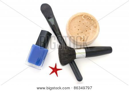 Brush Powder And Varnish Isolated Over White