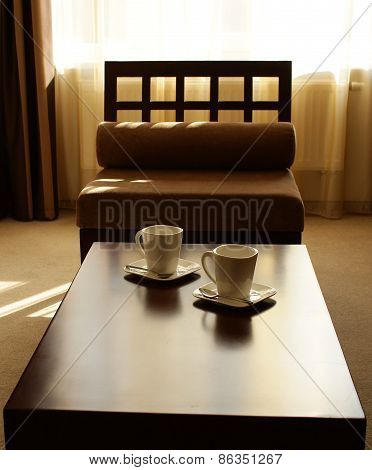 Tea cups. Set for two persons, served in japan style interior