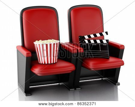 3d Cinema clapper board and popcorn on theater seat.