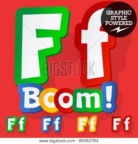 Vector set of bright colorful alphabet for children. Playful sticker font. Letter F