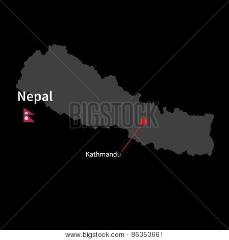 Detailed map of Nepal and capital city Kathmandu with flag on black background