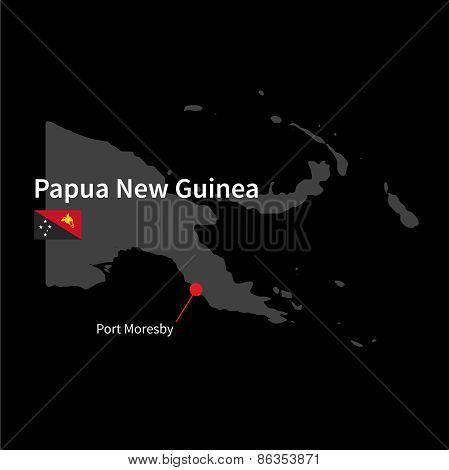 Detailed map of Papua New Guinea and capital city Port Moresby with flag on black background