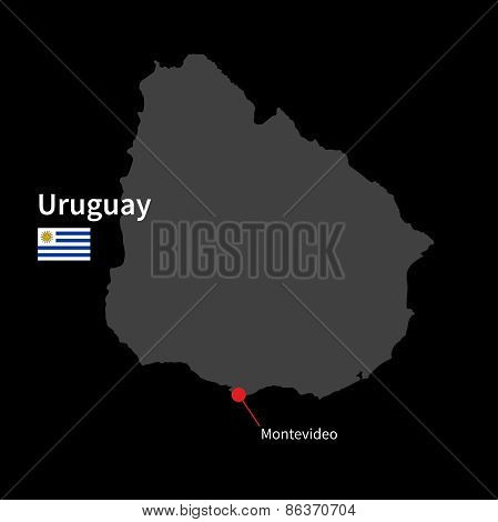 Detailed map of Uruguay and capital city Montevideo with flag on black background