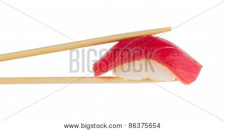 Sushi Nigiri With Chopsticks Isolated On White