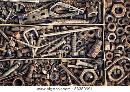Set Of Old Fastening Elements In Vintage Style As A Background