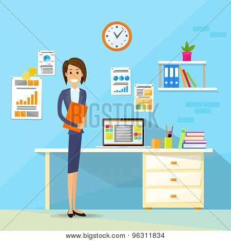 Business Woman Desk Office Working Place Flat Vector