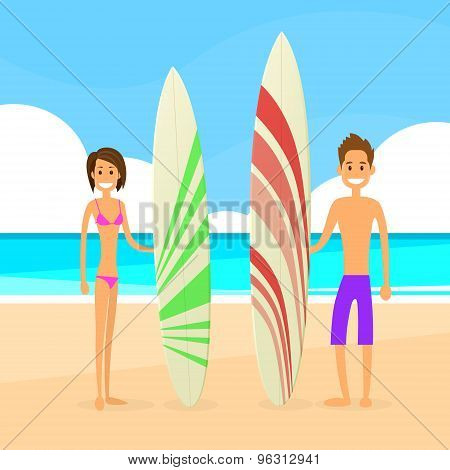 Surfer Couple Man and Woman with Surfing Board