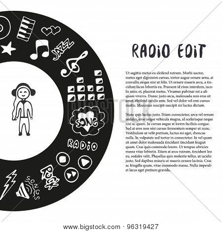 Hand drawn music vector illustration. Music sketch icons with meloman. Template for flyer banner poster brochure cover web page festival or concert decoration