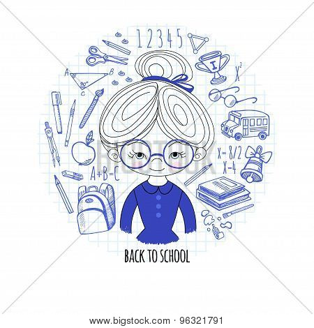 Schoolgirl Background In A Circle Vector Illustration