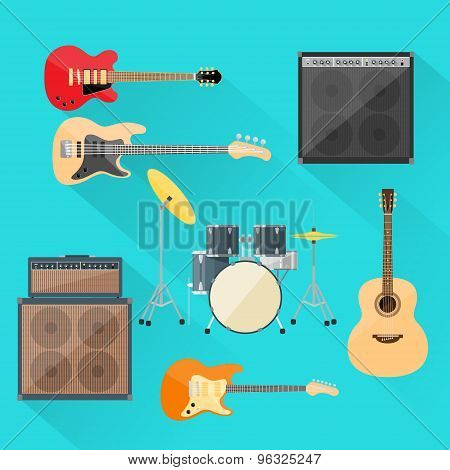 Musical Instruments Set Guitar Drums Rock Band