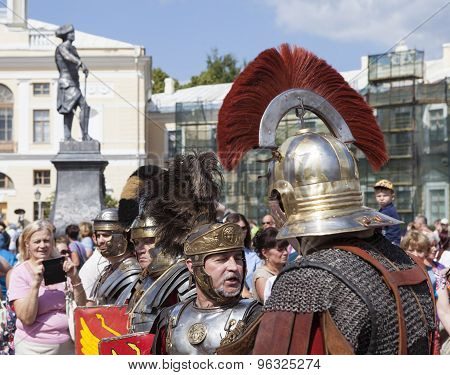 PAVLOVSK, RUSSIA - JULY 18, 2015: Photo of Centurion and legionaries in Pavlovsk.