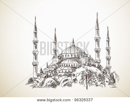 July 19, 2015: Blue Mosque in Istanbul. Hand drawn sketch. Vector illustration