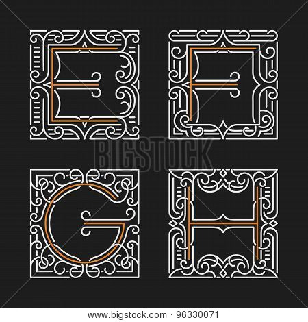 The set of stylish monogram emblem. Letters E, F, G, H. Vector illustration.