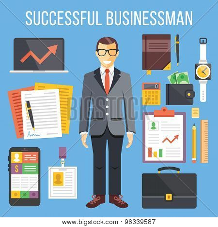 Successful businessman and business stuff flat illustration and flat icons set