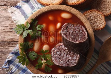 Soup With Black Pudding Fabada Asturiana Horizontal Top View Closeup
