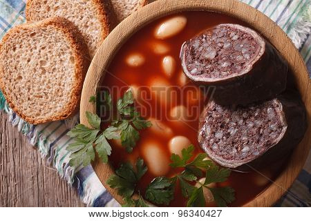 Spanish Fabada Asturiana Soup Close Up. Horizontal Top View