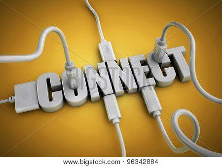 Computer Cables And Plugs Attach To 3D Text Title Connect.