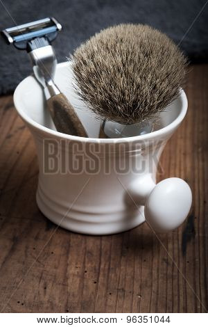 Vintage Wet Shaving Equipment On Wooden Table