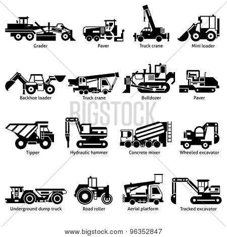 Construction Machines Black White Icons Set