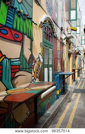 SINGAPORE - CIRCA FEBRUARY, 2015: Graffiti on the walls of old buildings Haji Lane. Haji Lane is the Kampong Glam neighbourhood famous for its cafes, restaurants and shops.