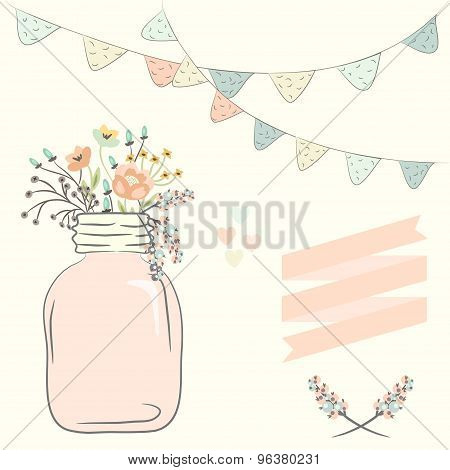 Cute bouquet of wedding flowers in a glass jar. Vector illustration