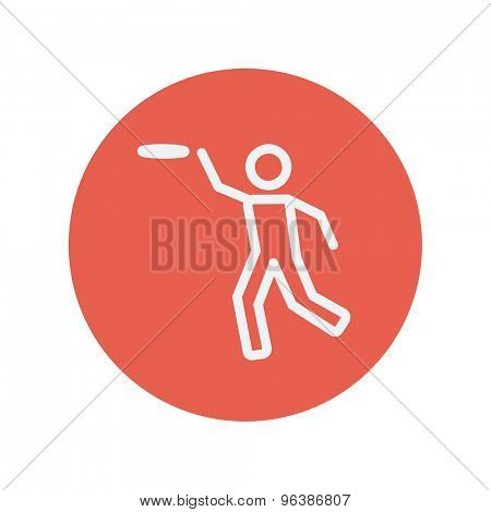 Man catching a flying disc thin line icon for web and mobile minimalistic flat design. Vector white icon inside the red circle.