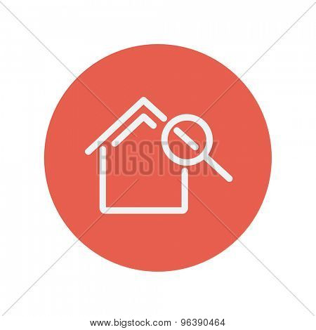 House and magnifying glass thin line icon for web and mobile minimalistic flat design. Vector white icon inside the red circle