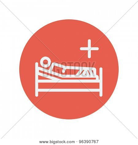 Patient is lying on medical bed thin line icon for web and mobile minimalistic flat design. Vector white icon inside the red circle