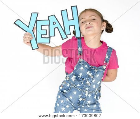 Little Girl Smiling Happiness Holding Comic Word Yeah Portrait