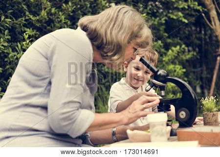 Grandmother Grandson Family Science Microscope