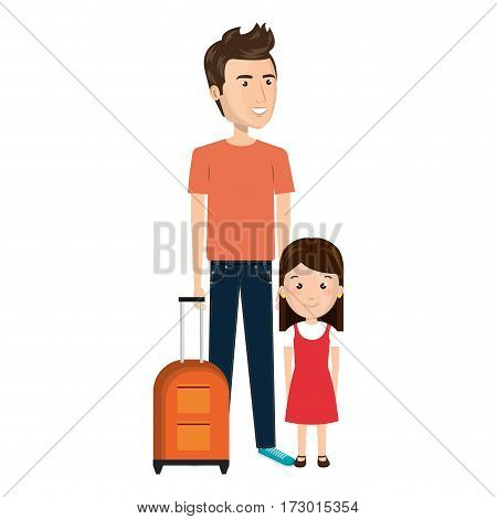 cartoon father with travel briefcase and daugther girl vector illustration