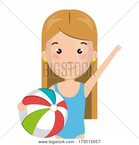 half body cartoon blond girl with summer swimsuit and ball vector illustration