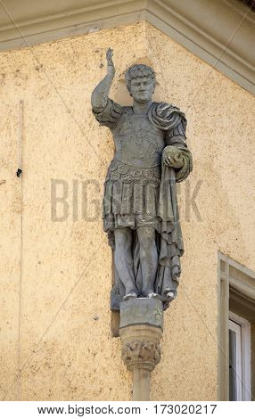 PTUJ, SLOVENIA - JULY 02: Statue of saint on the house facade in Ptuj, town on the Drava River banks, Lower Styria Region, Slovenia on July 02, 2016.