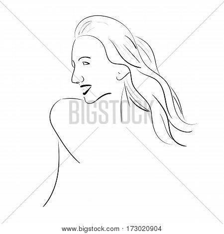 Hand drawn young woman fashion sketch. Beautiful girl face on white background. Black and white pencil illustration. Vintage design for fabric, card, poster