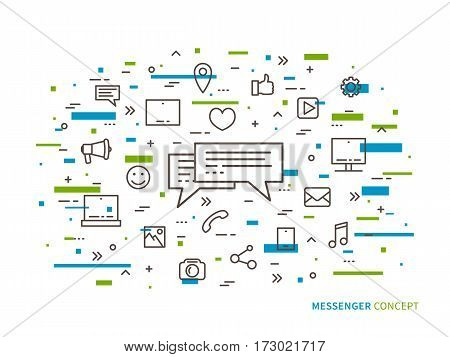 Messenger chat communication linear vector illustration. Creative concept messaging message speech mobile app icons. Graphic design online chatting web banner.