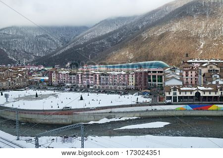 Sochi, Russia - January 24, 2017: Gorky Gorod - all-season resort town and gaming zone 540 meters above sea level in the village of Krasnaya Polyana