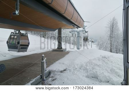 Sochi, Russia - January 21, 2017: Cabin lift 8-seater gondola type in Gorky Gorod