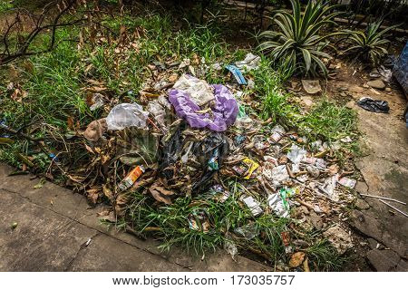 organical and plastic waste heaps littered in a garden with bush and grass photo taken in Depok Indonesia java