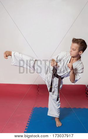 Children during training in karate. Fighting position active lifestyle