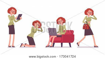 Office scene with busy young female typical office worker in a business smart casual wear, talking on phone, walking, sitting with laptop, standing with tablet, full length, isolated, white background