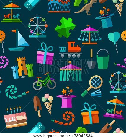 Children's entertainment and leisure, seamless background, color, dark blue.  Vector background with objects for the entertainment of children. Colored image on a dark blue field.