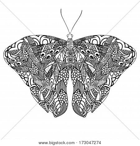 Butterfly with ethnic doodle pattern. Zentangle inspired pattern for anti stress coloring book pages for adults and kids