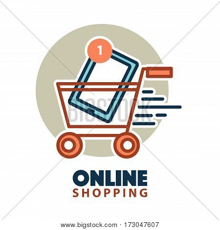 Tablet in shopping trolley icon isolated on white. Online shopping concept. Digital smartphone added to cart or to wish list of purchases. E-commerce buying vector illustration logo in flat style