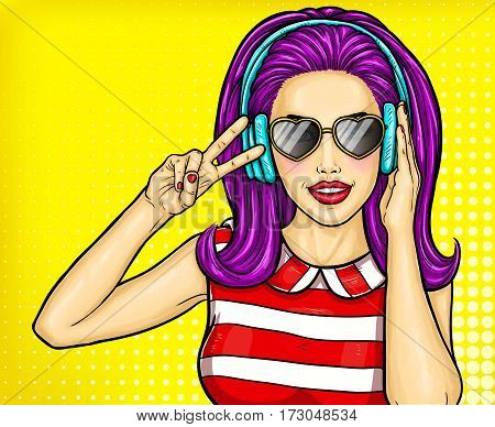Vector Pop Art illustration of a cheeky young girl with headphones listening to music and showing sign of V