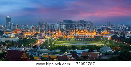 Bangkok city Wat prakeaw with city background the top of landmark in Thailand