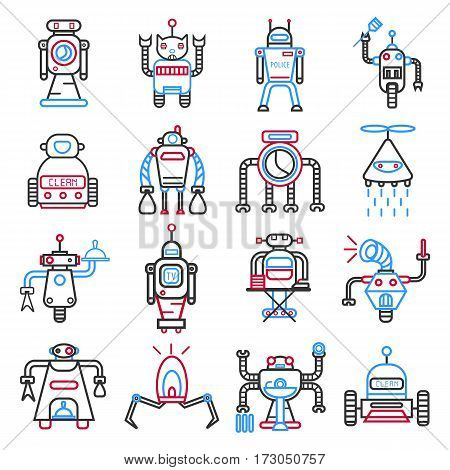 Android robots set isolated on white. Machines collection capable of carrying complex series of actions automatically. Industrial manipulating advanced devices. Vector illustration of modular robots