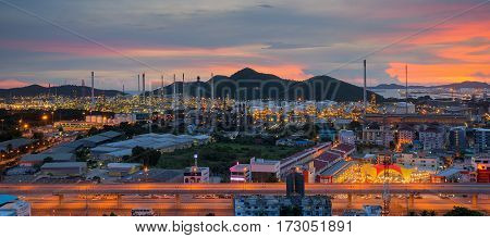 Lamchabang city oil refinery industry plant at twilight morning