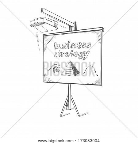 Business presentation sketch template with strategy elements drawing on whiteboard on white background isolated vector illustration