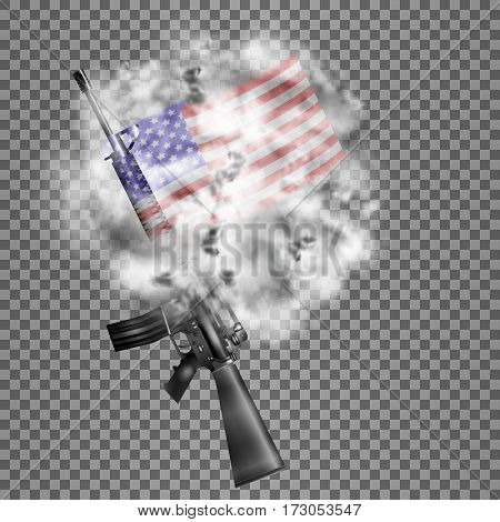 Realistic vector American M16 rifle the US flag in the smoke. Isolated objects smoke retaining real transparency.