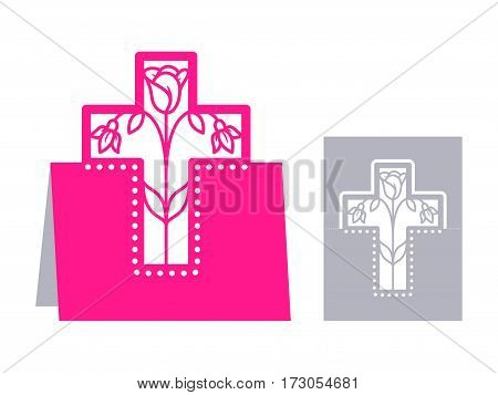 Laser cut template for Easter greeting fold-out cards, invitations. Easter cross with a floral pattern cut out of paper. Image suitable for laser cutting, plotter cutting or printing.
